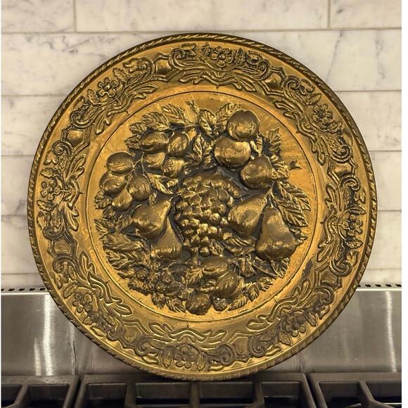Large Vintage Brass Wall Plate Embossed grapes pears fruit 16” round MCM English - Picture 1 of 9